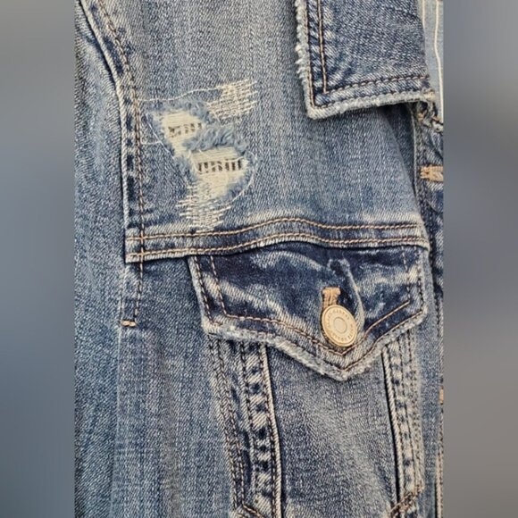 White House Black Market Classic Distressed Medium Blue Denim Jacket Size 10 - Picture 3 of 9